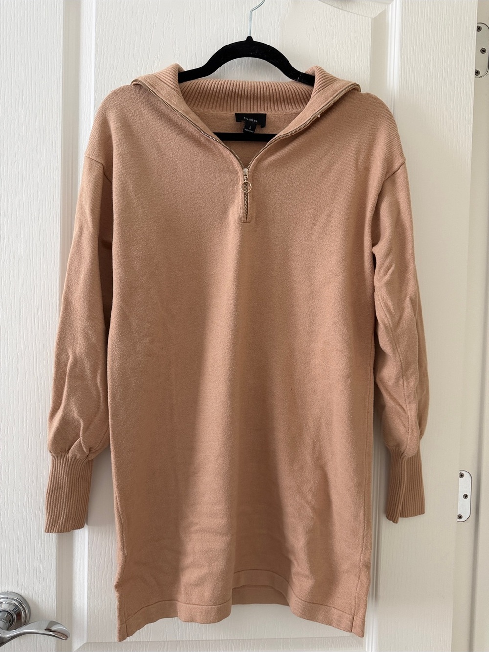 Lumiere Zip-Front Hooded Knit in Camel Beige